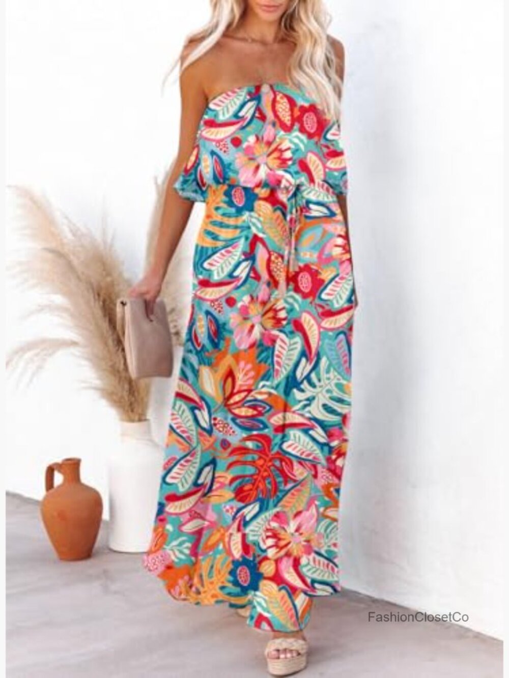 Strapless High Waist Side Split Flowy Boho Maxi Dress - Picture 4 of 7